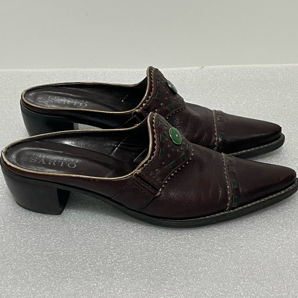 Franco Sarto Vintage 90s eclectic Western brown Leather block heel studded Mules - Picture 3 of 7